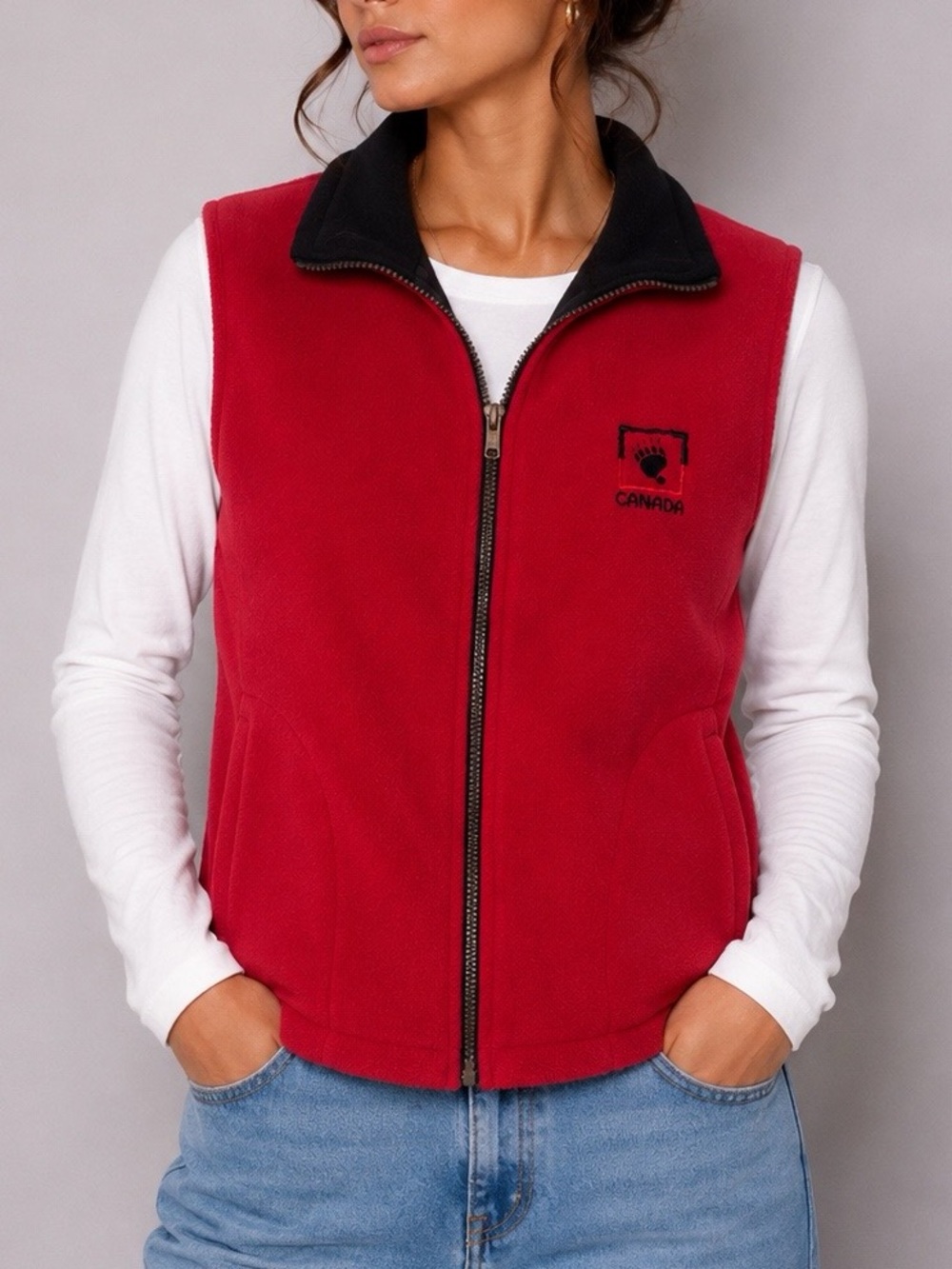 Vintage Vest Red Fleece Canada with Black Contrast Collar Embroidery Warm Fall
